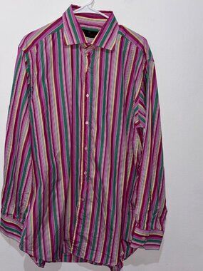 Etro Pink and Green Striped Dress Shirt Size 43